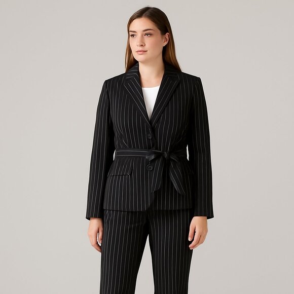 Le Suit Women’s Black Pinstripe Belted Pant Suit Blazer & Pants Set Size 8 NWT - Picture 1 of 11